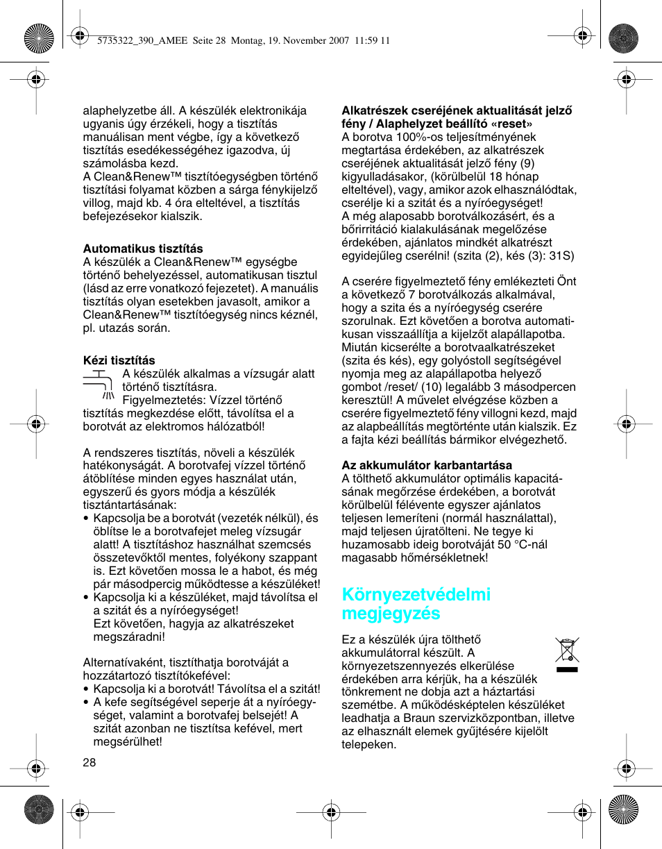 Környezetvédelmi megjegyzés | Braun 390cc Series 3 User Manual | Page 27 / 57