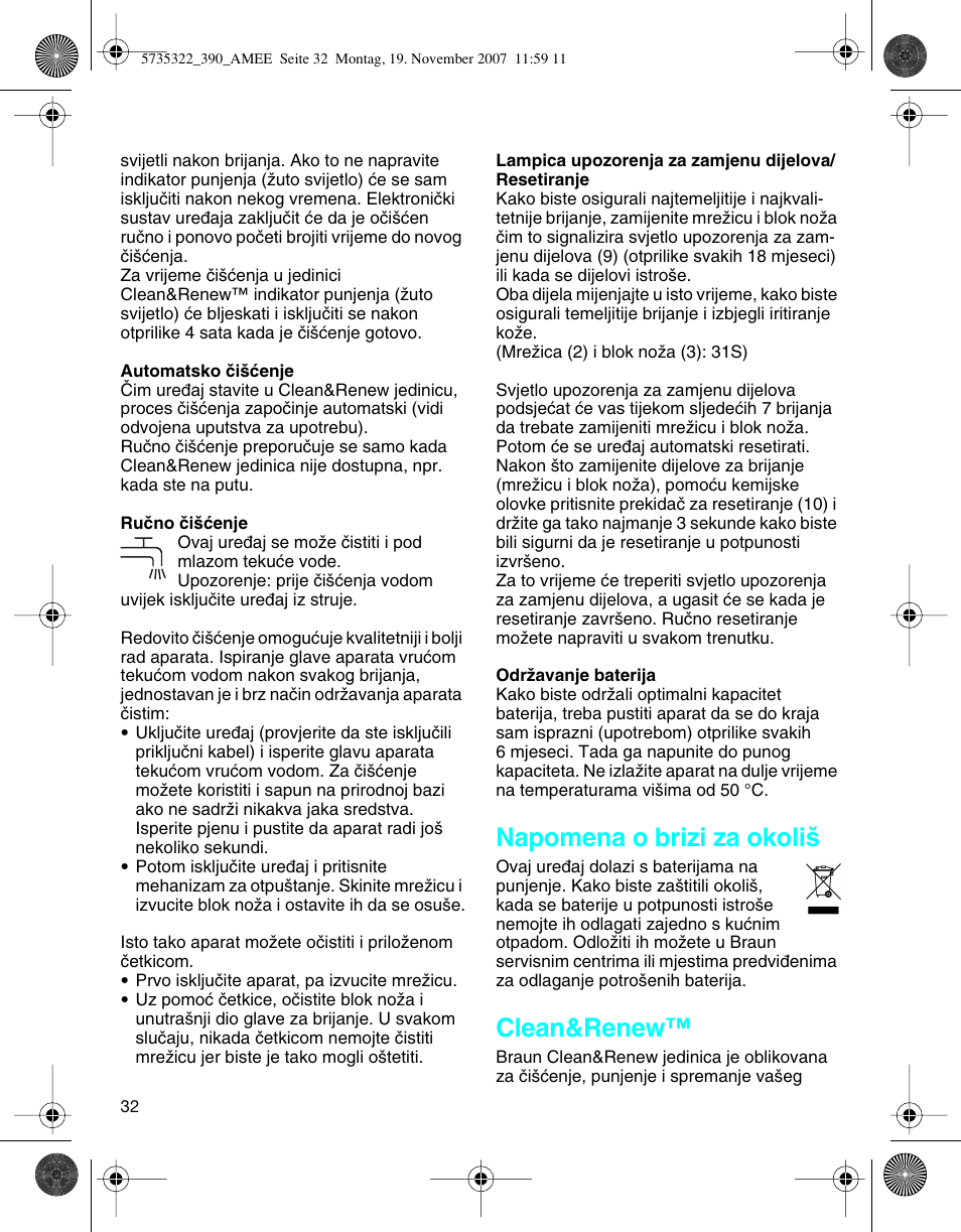Napomena o brizi za okoli, Clean&renew | Braun 390cc Series 3 User Manual | Page 31 / 57