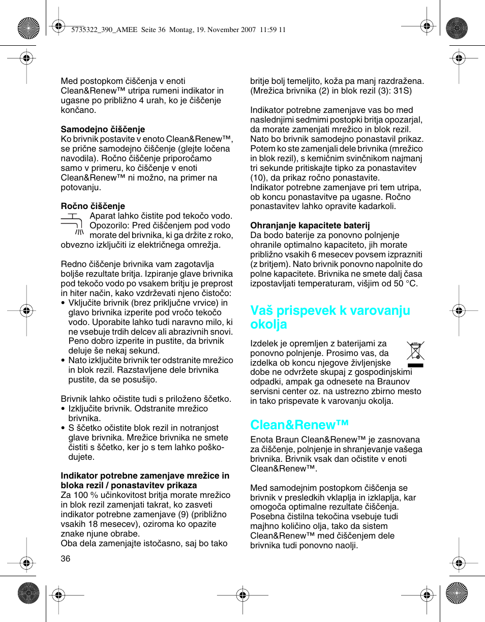 Va‰ prispevek k varovanju okolja, Clean&renew | Braun 390cc Series 3 User Manual | Page 35 / 57