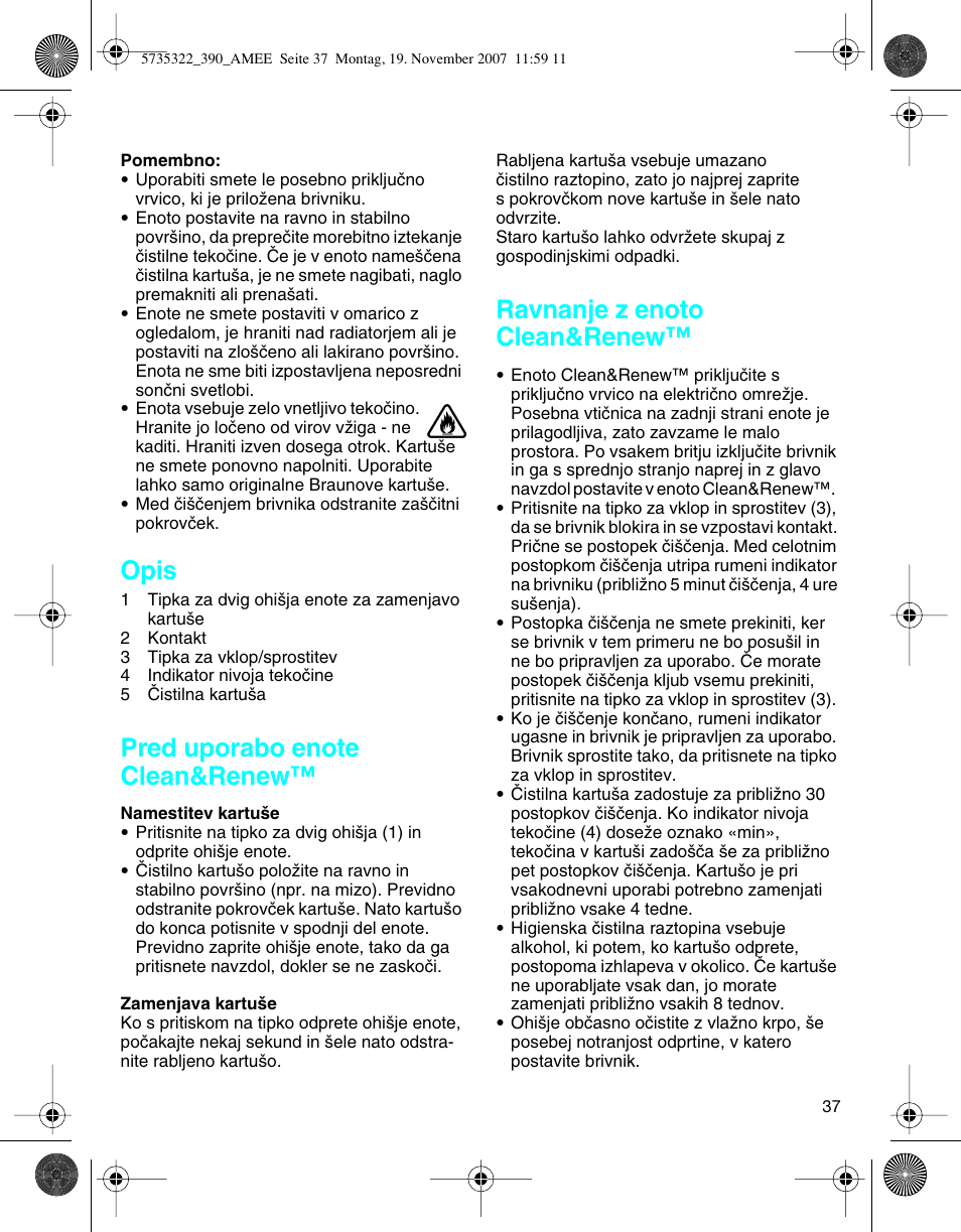 Opis, Ravnanje z enoto clean&renew | Braun 390cc Series 3 User Manual | Page 36 / 57