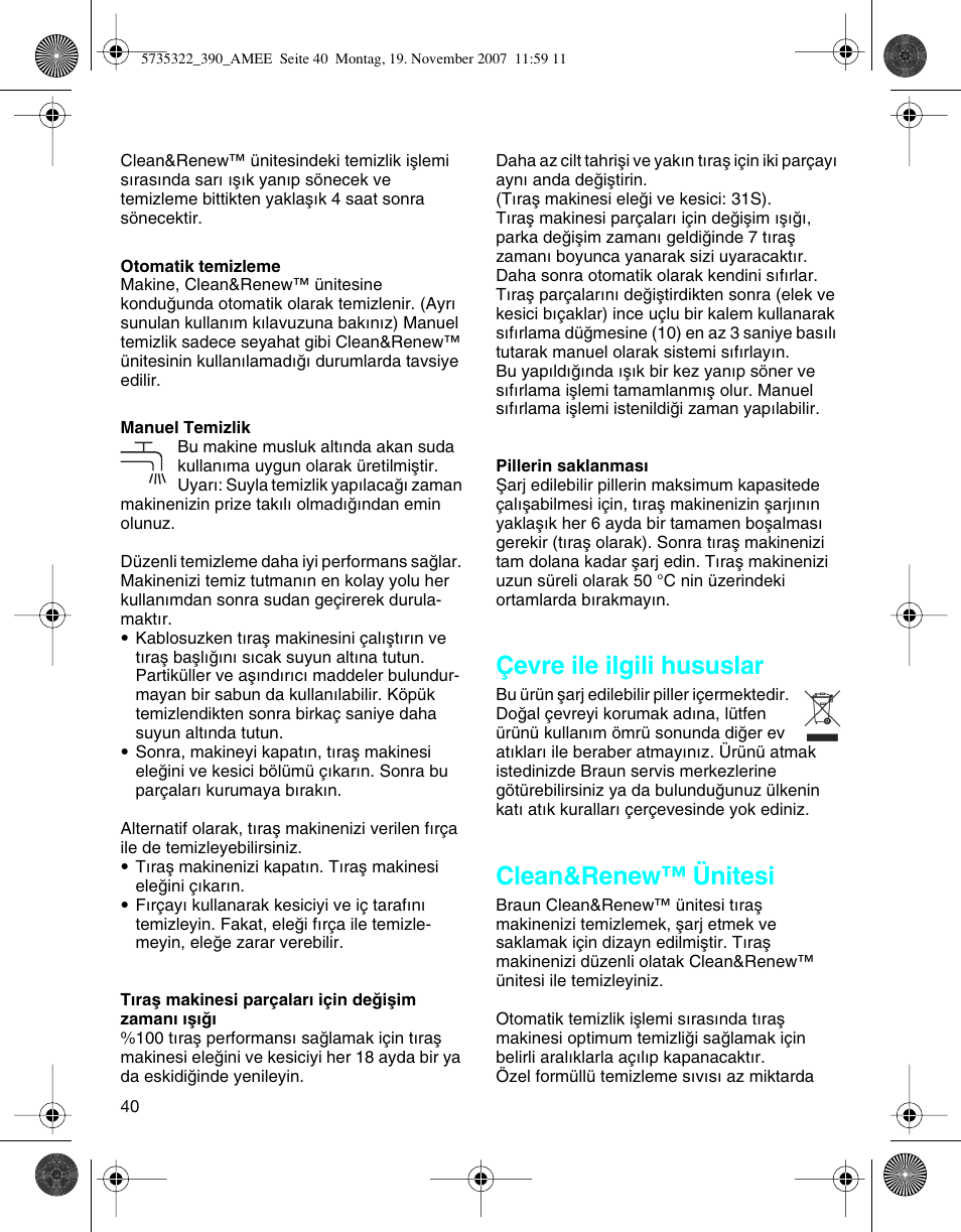 Çevre ile ilgili hususlar, Clean&renew™ ünitesi | Braun 390cc Series 3 User Manual | Page 39 / 57