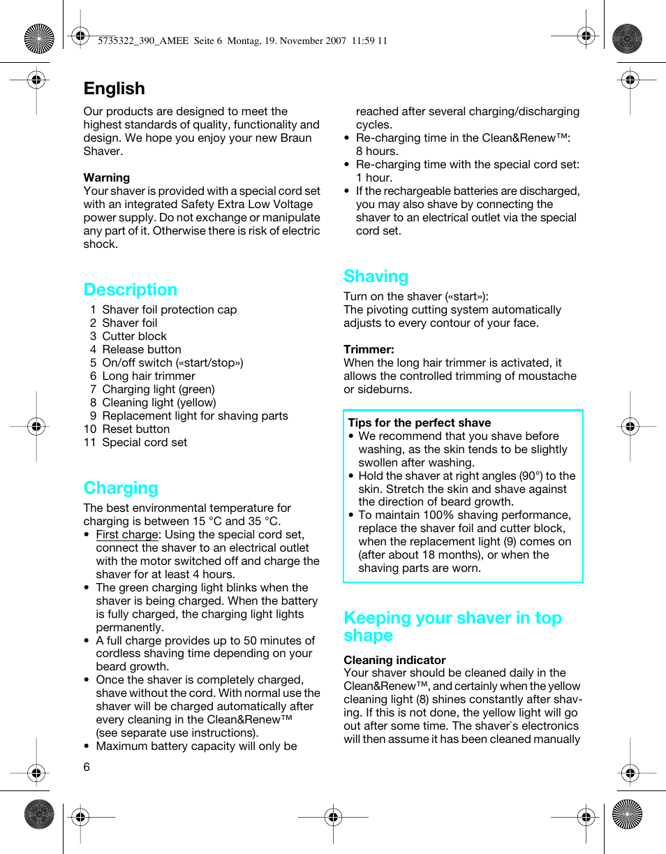English, Description, Charging | Shaving, Keeping your shaver in top shape | Braun 390cc Series 3 User Manual | Page 5 / 57