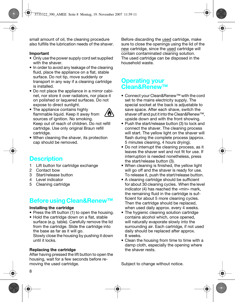 Description, Before using clean&renew, Operating your clean&renew | Braun 390cc Series 3 User Manual | Page 7 / 57