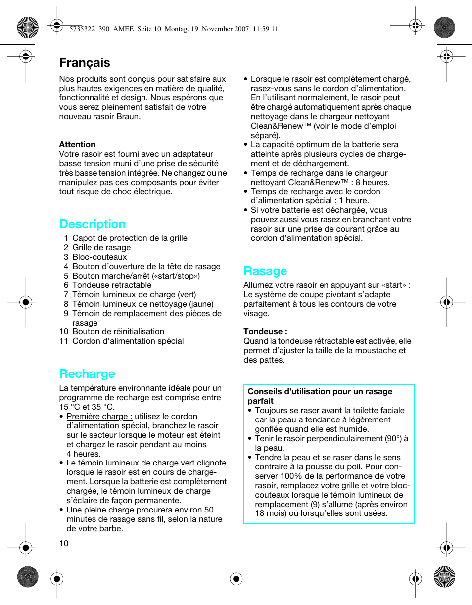 Français, Description, Recharge | Rasage | Braun 390cc Series 3 User Manual | Page 9 / 57