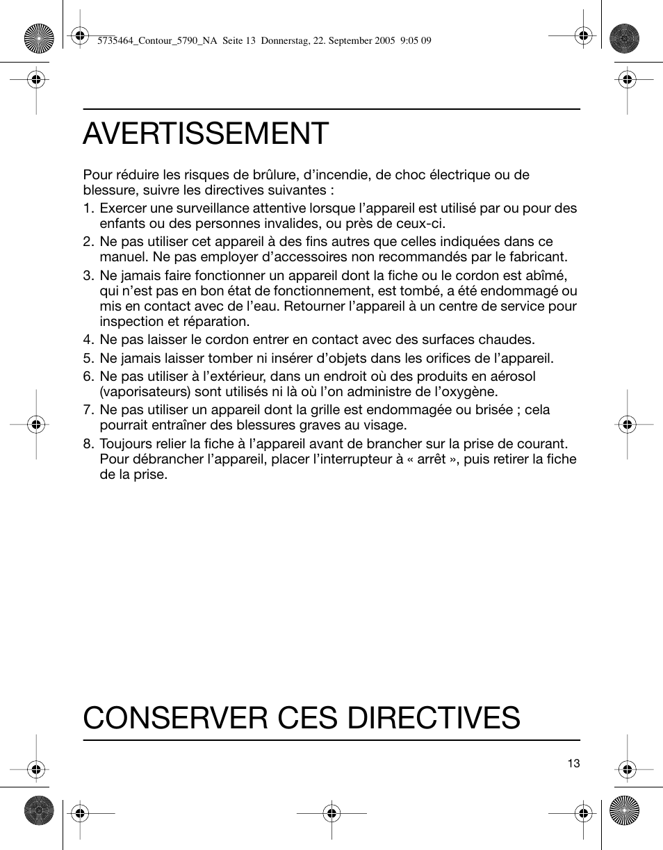 Avertissement, Conserver ces directives | Braun 5790 Contour Series User Manual | Page 12 / 27