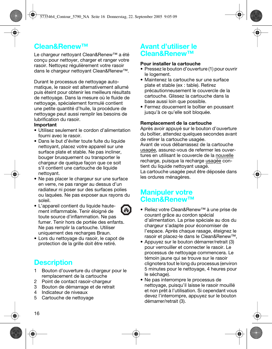 Clean&renew, Description, Avant d’utiliser le clean&renew | Manipuler votre clean&renew | Braun 5790 Contour Series User Manual | Page 15 / 27