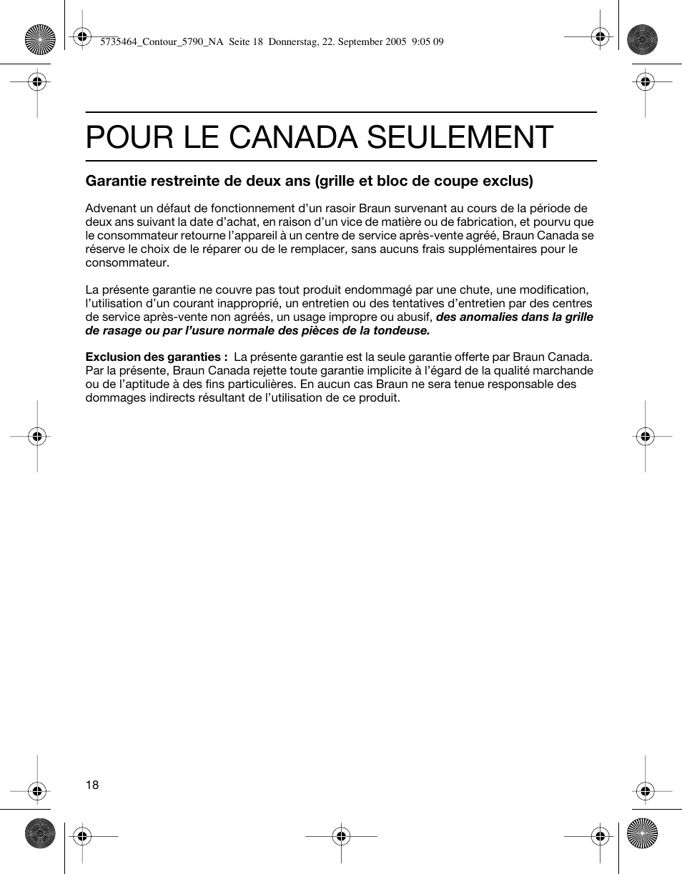 Pour le canada seulement | Braun 5790 Contour Series User Manual | Page 17 / 27