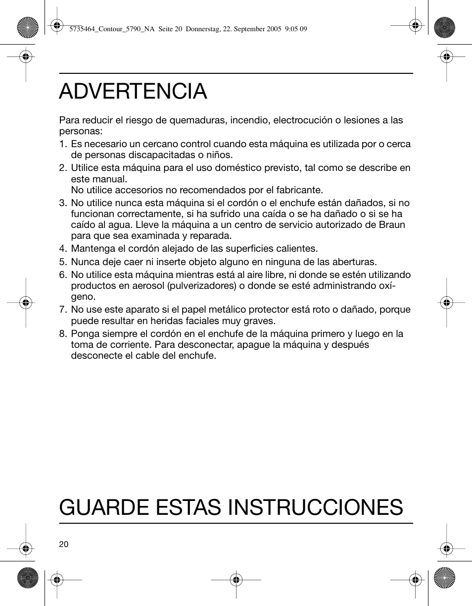 Advertencia, Guarde estas instrucciones | Braun 5790 Contour Series User Manual | Page 19 / 27
