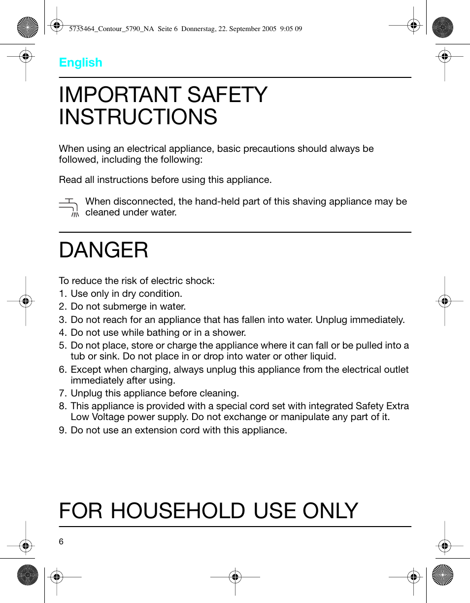 Important safety instructions, Danger, For household use only | Braun 5790 Contour Series User Manual | Page 5 / 27