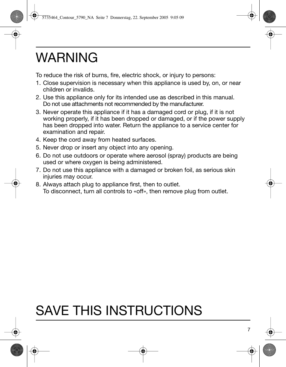 Warning, Save this instructions | Braun 5790 Contour Series User Manual | Page 6 / 27