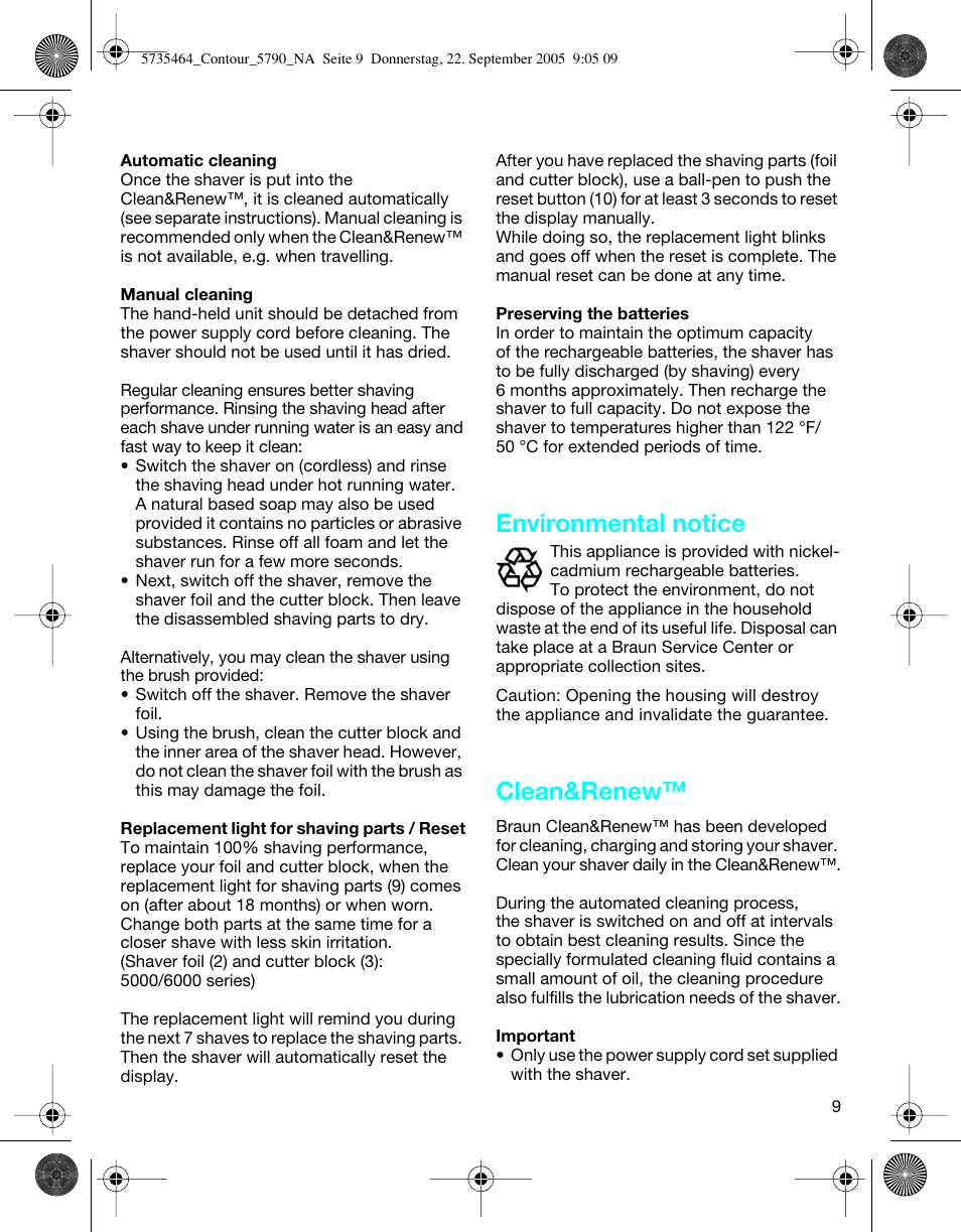 Environmental notice, Clean&renew | Braun 5790 Contour Series User Manual | Page 8 / 27