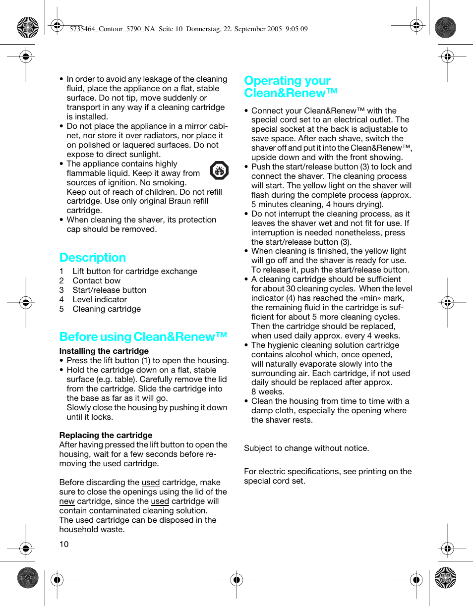 Description, Before using clean&renew, Operating your clean&renew | Braun 5790 Contour Series User Manual | Page 9 / 27
