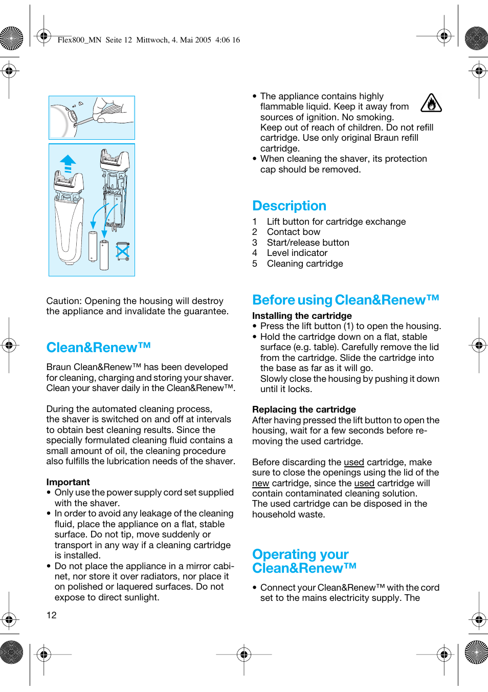 Clean&renew, Description, Before using clean&renew | Operating your clean&renew | Braun 5895 Contour Series User Manual | Page 11 / 65