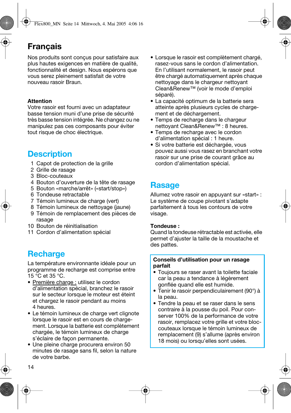 Français, Description, Recharge | Rasage | Braun 5895 Contour Series User Manual | Page 13 / 65