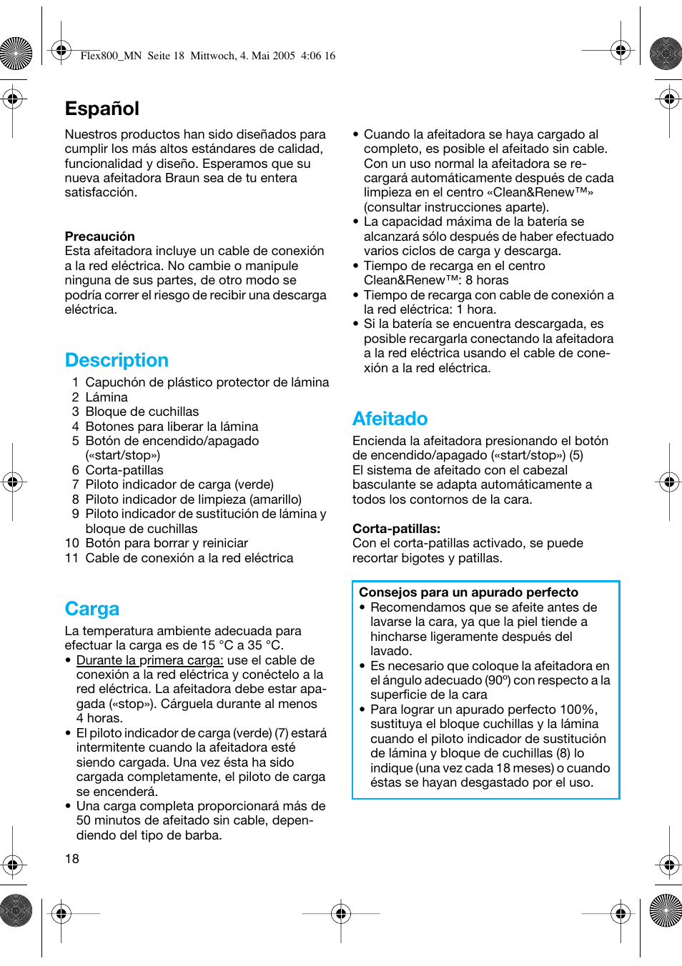 Español, Description, Carga | Afeitado | Braun 5895 Contour Series User Manual | Page 17 / 65