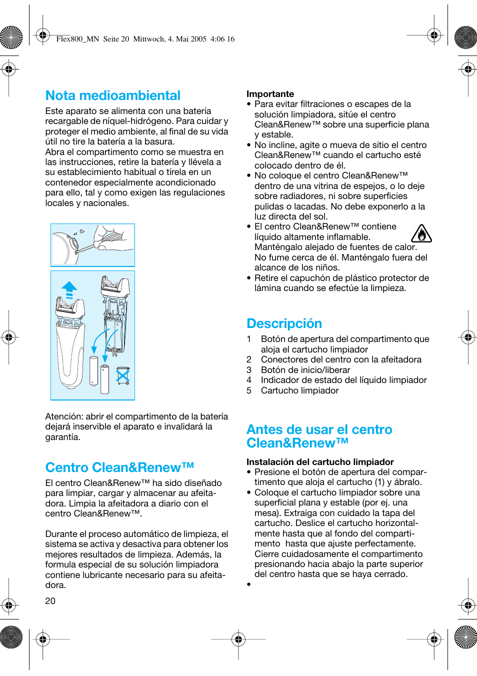 Nota medioambiental, Centro clean&renew, Descripción | Antes de usar el centro clean&renew | Braun 5895 Contour Series User Manual | Page 19 / 65