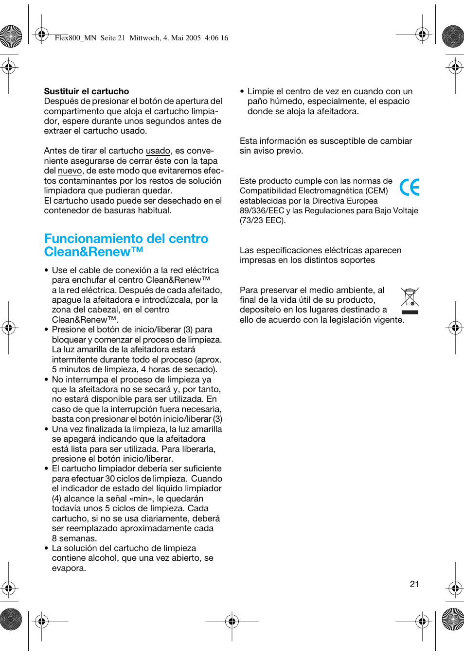 Funcionamiento del centro clean&renew | Braun 5895 Contour Series User Manual | Page 20 / 65