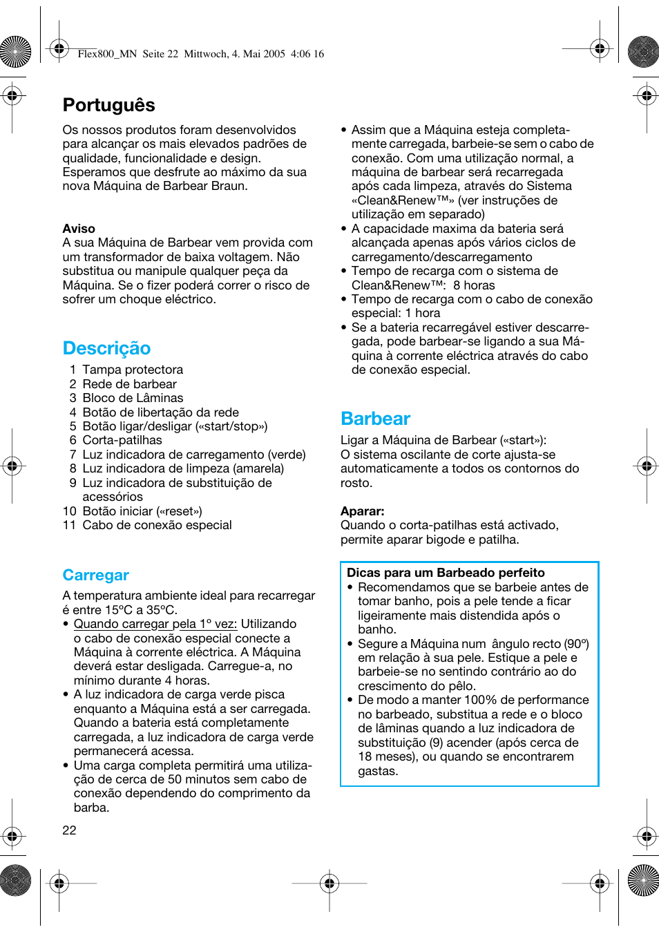 Português, Descrição, Barbear | Braun 5895 Contour Series User Manual | Page 21 / 65