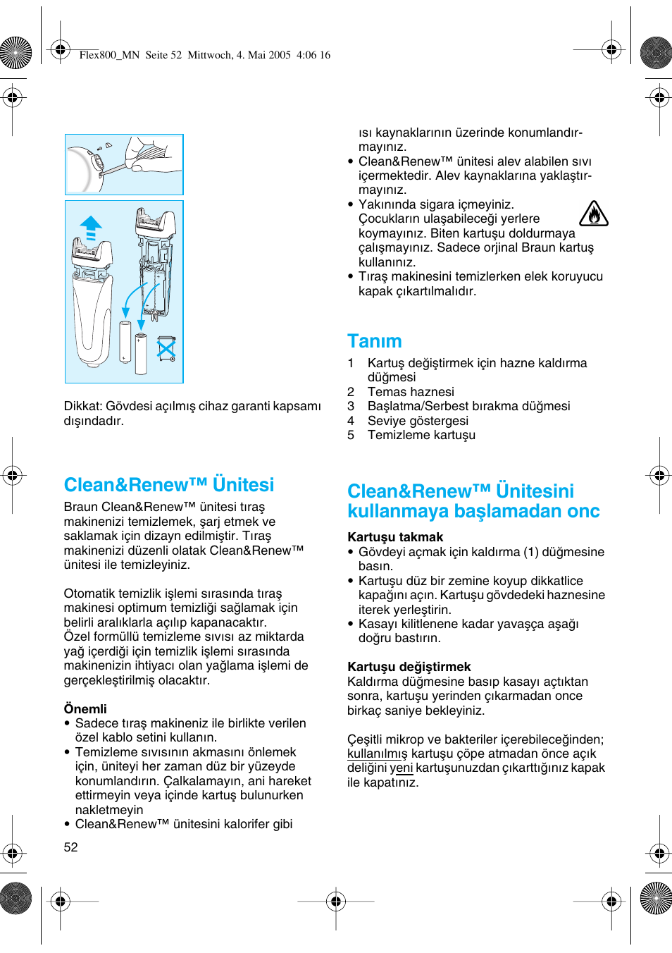 Clean&renew™ ünitesi, Tanım, Clean&renew™ ünitesini kullanmaya baµlamadan onc | Braun 5895 Contour Series User Manual | Page 51 / 65