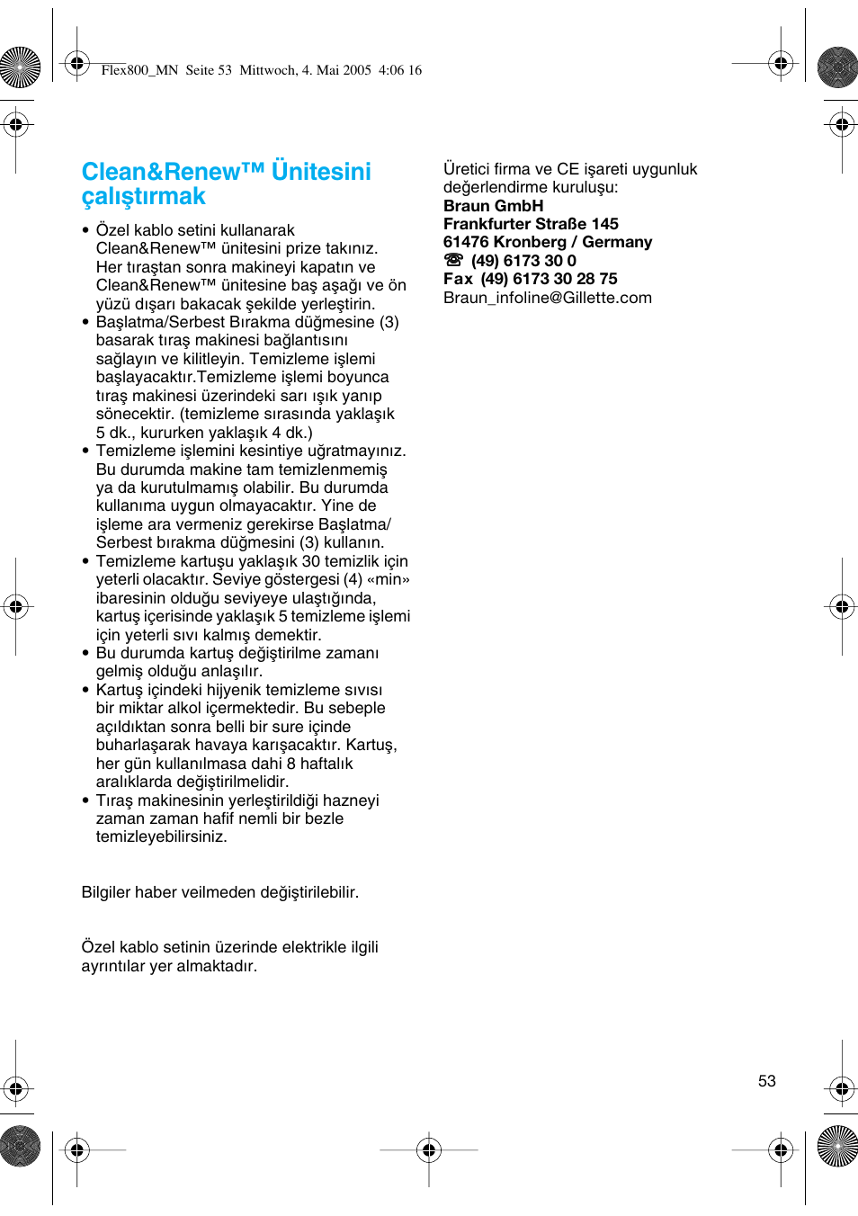 Clean&renew™ ünitesini çalıµtırmak | Braun 5895 Contour Series User Manual | Page 52 / 65