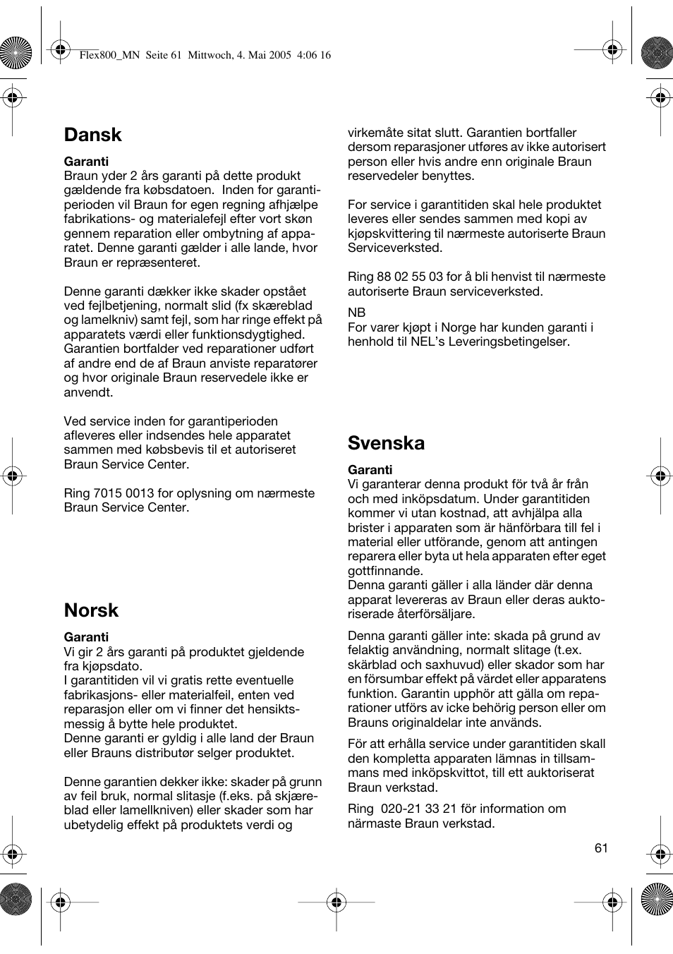 Dansk, Norsk, Svenska | Braun 5895 Contour Series User Manual | Page 60 / 65