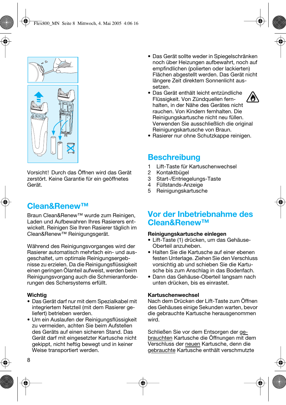 Clean&renew, Beschreibung, Vor der inbetriebnahme des clean&renew | Braun 5895 Contour Series User Manual | Page 7 / 65