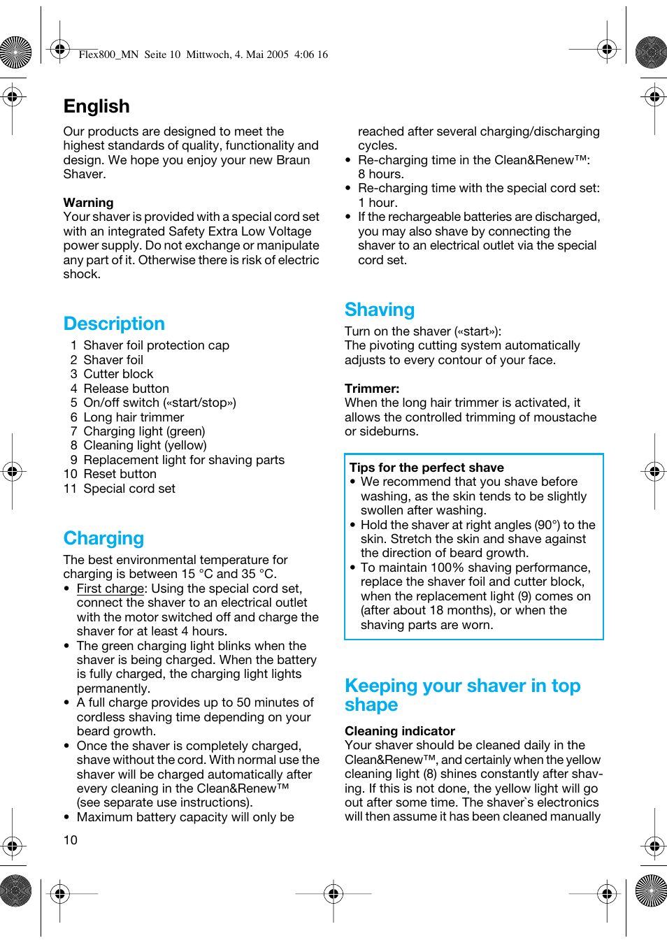 English, Description, Charging | Shaving, Keeping your shaver in top shape | Braun 5895 Contour Series User Manual | Page 9 / 65