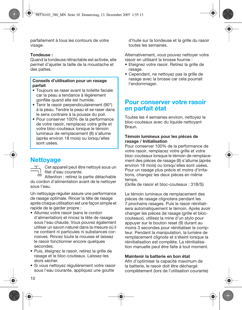 Nettoyage, Pour conserver votre rasoir en parfait état | Braun 380-5736 Series 3 User Manual | Page 10 / 41