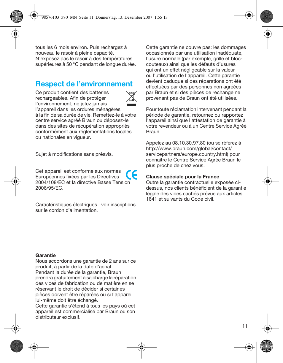 Respect de l’environnement | Braun 380-5736 Series 3 User Manual | Page 11 / 41