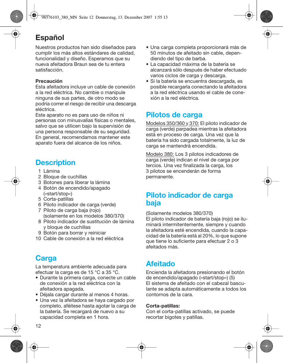 Español, Description, Carga | Pilotos de carga, Piloto indicador de carga baja, Afeitado | Braun 380-5736 Series 3 User Manual | Page 12 / 41