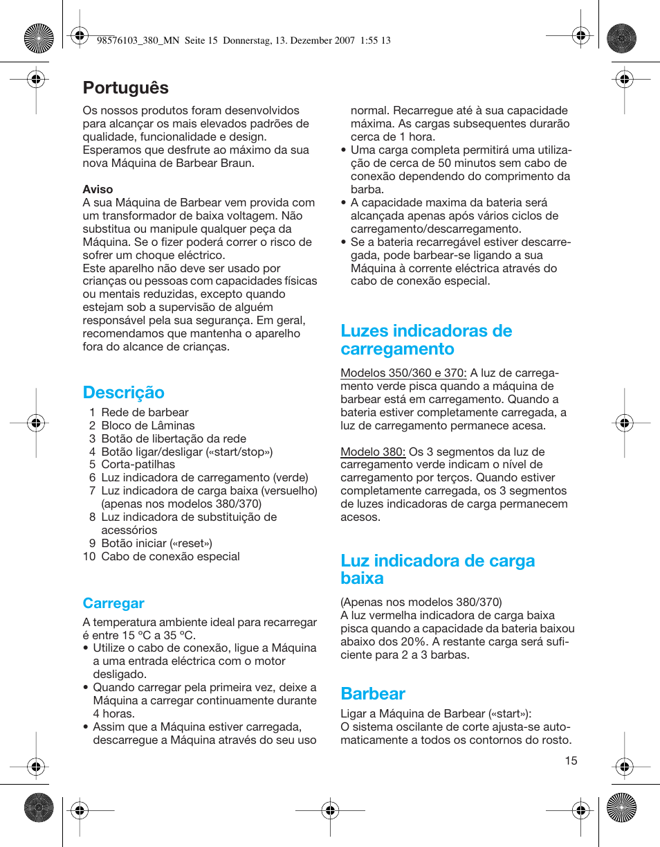 Português, Descrição, Luzes indicadoras de carregamento | Luz indicadora de carga baixa, Barbear | Braun 380-5736 Series 3 User Manual | Page 15 / 41