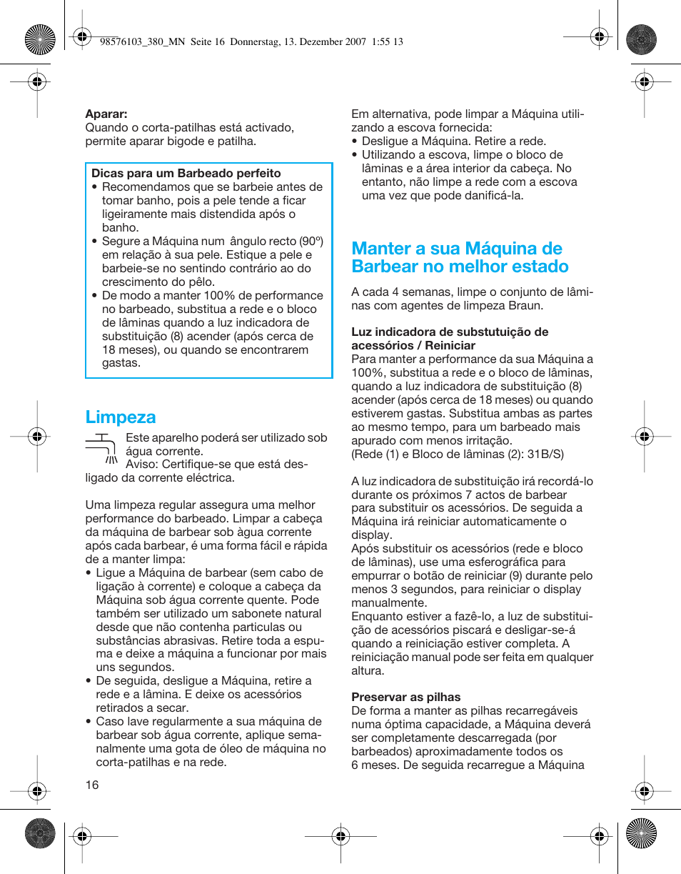 Limpeza, Manter a sua máquina de barbear no melhor estado | Braun 380-5736 Series 3 User Manual | Page 16 / 41