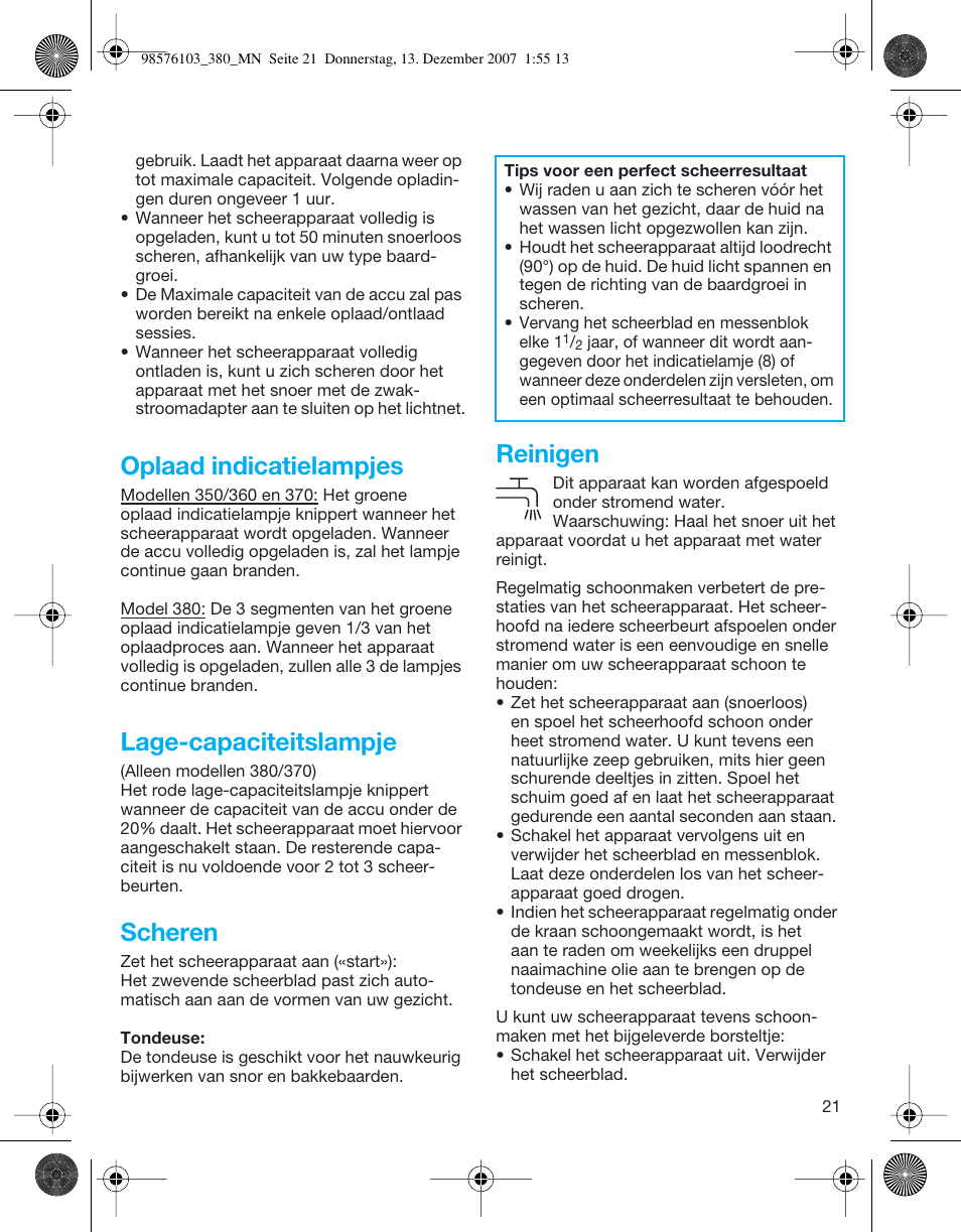 Oplaad indicatielampjes, Lage-capaciteitslampje, Scheren | Reinigen | Braun 380-5736 Series 3 User Manual | Page 21 / 41
