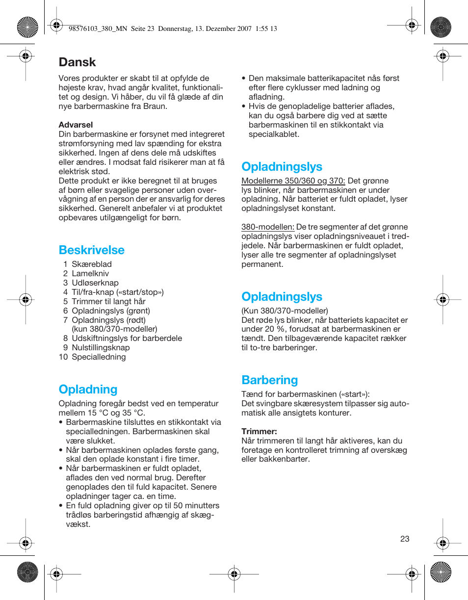 Dansk, Beskrivelse, Opladning | Opladningslys, Barbering | Braun 380-5736 Series 3 User Manual | Page 23 / 41