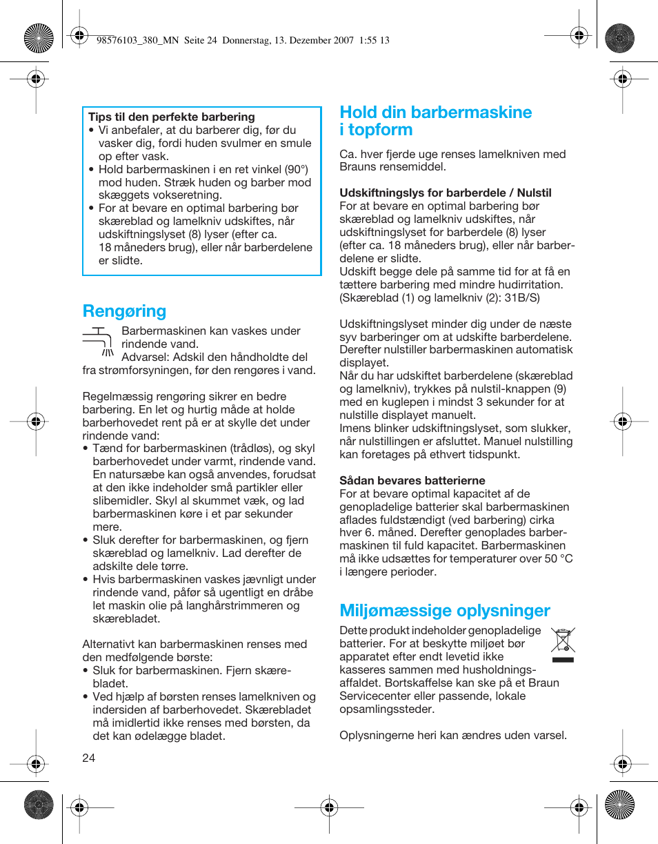 Rengøring, Hold din barbermaskine i topform, Miljømæssige oplysninger | Braun 380-5736 Series 3 User Manual | Page 24 / 41