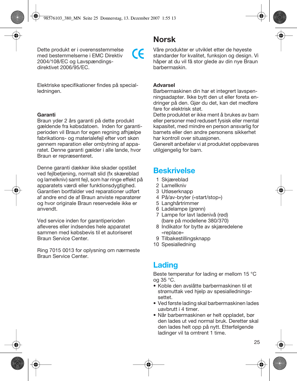 Norsk, Beskrivelse, Lading | Braun 380-5736 Series 3 User Manual | Page 25 / 41