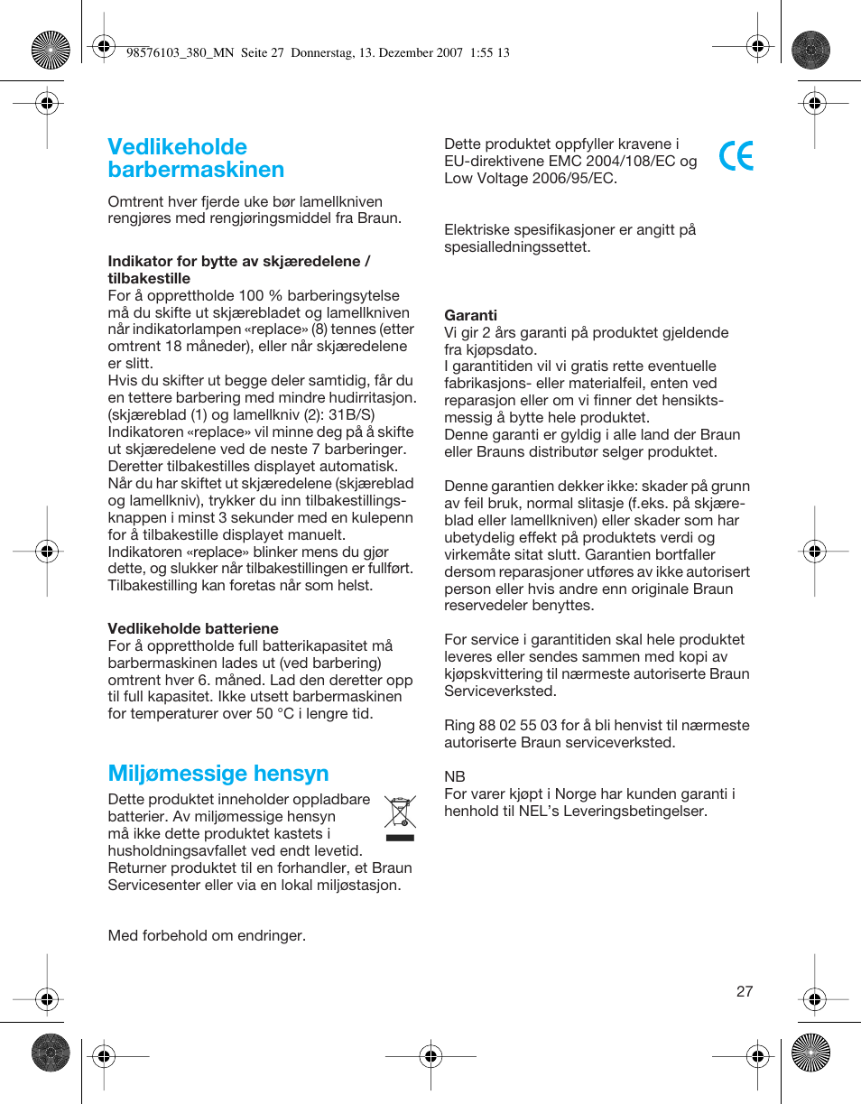 Vedlikeholde barbermaskinen, Miljømessige hensyn | Braun 380-5736 Series 3 User Manual | Page 27 / 41