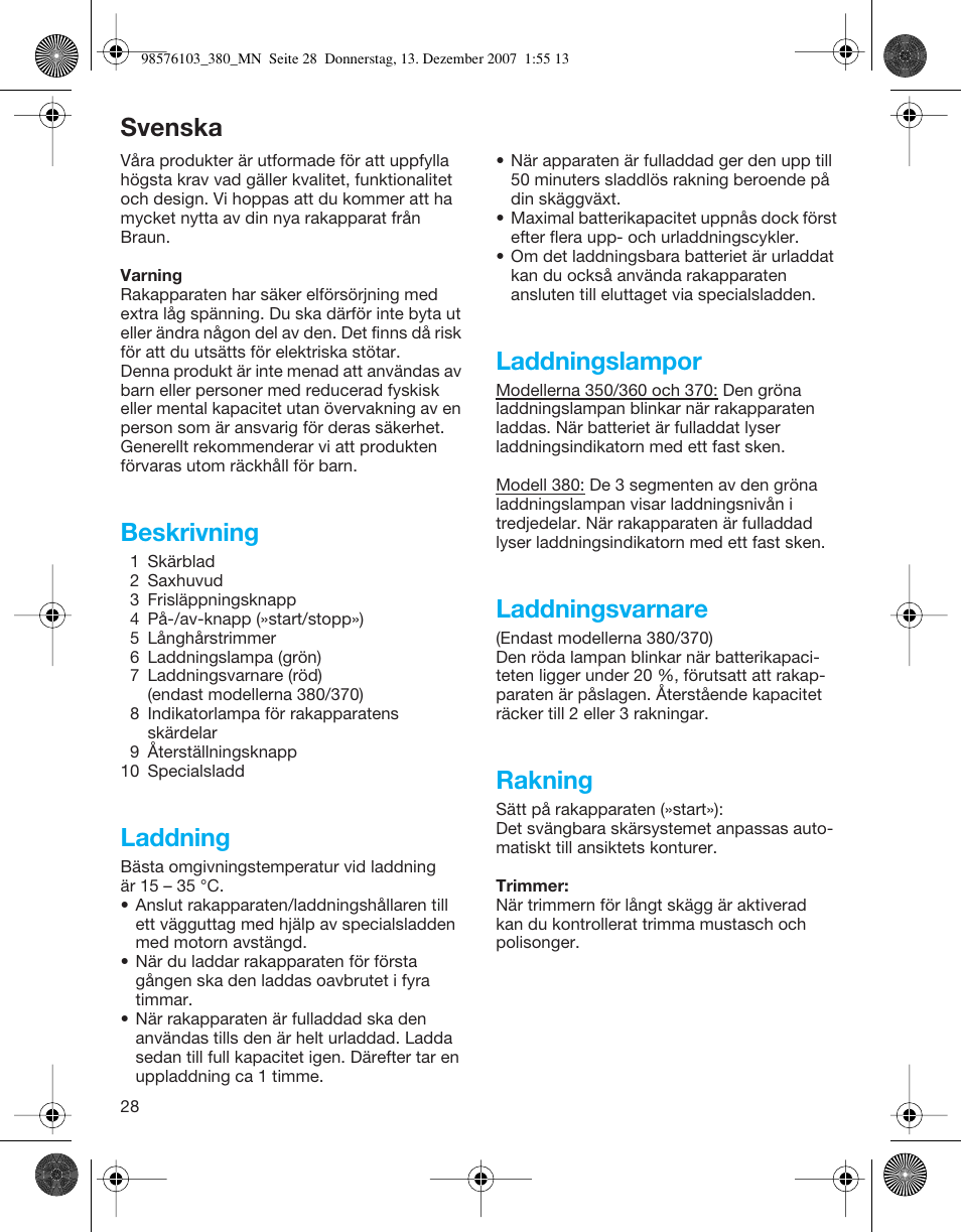 Svenska, Beskrivning, Laddning | Laddningslampor, Laddningsvarnare, Rakning | Braun 380-5736 Series 3 User Manual | Page 28 / 41