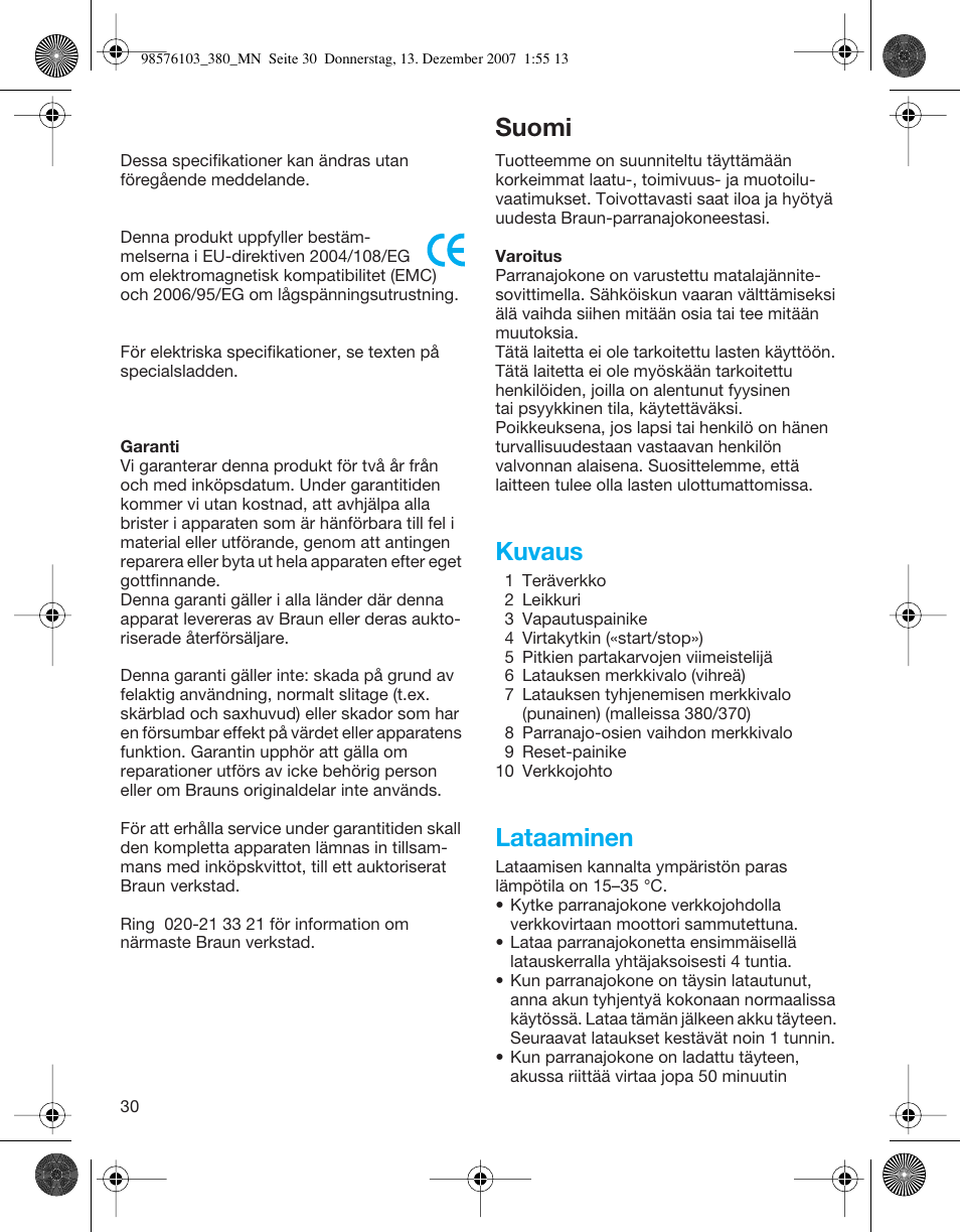 Suomi, Kuvaus, Lataaminen | Braun 380-5736 Series 3 User Manual | Page 30 / 41