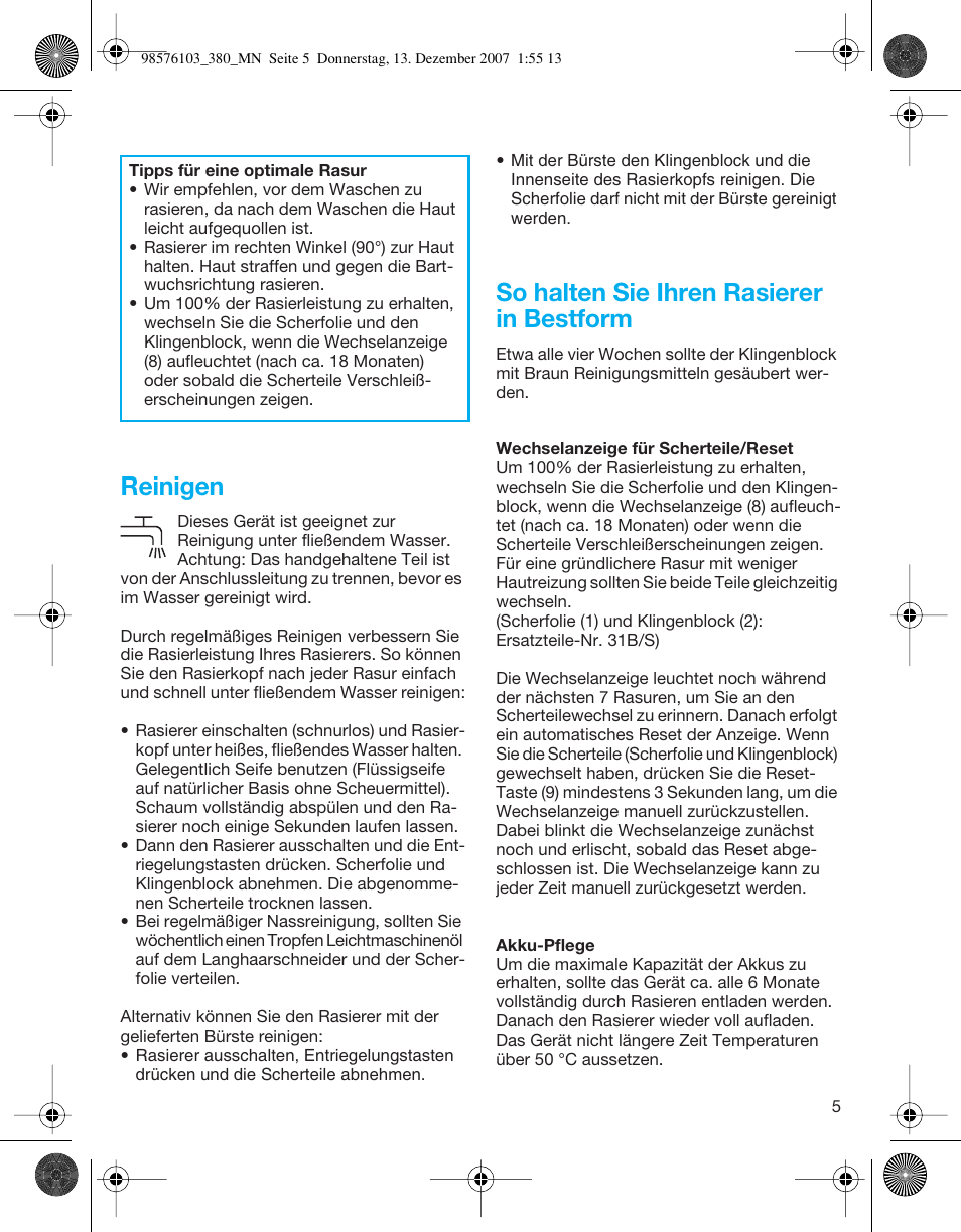 Reinigen, So halten sie ihren rasierer in bestform | Braun 380-5736 Series 3 User Manual | Page 5 / 41