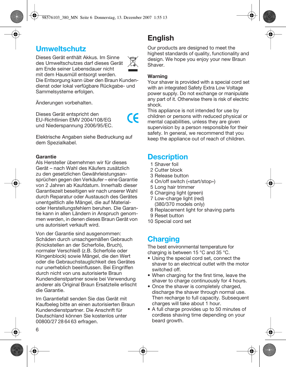 English umweltschutz, Description, Charging | Braun 380-5736 Series 3 User Manual | Page 6 / 41