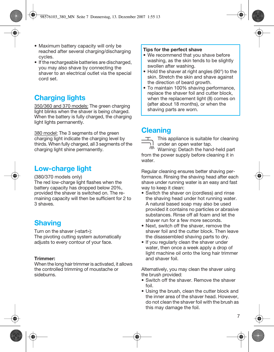 Charging lights, Low-charge light, Shaving | Cleaning | Braun 380-5736 Series 3 User Manual | Page 7 / 41