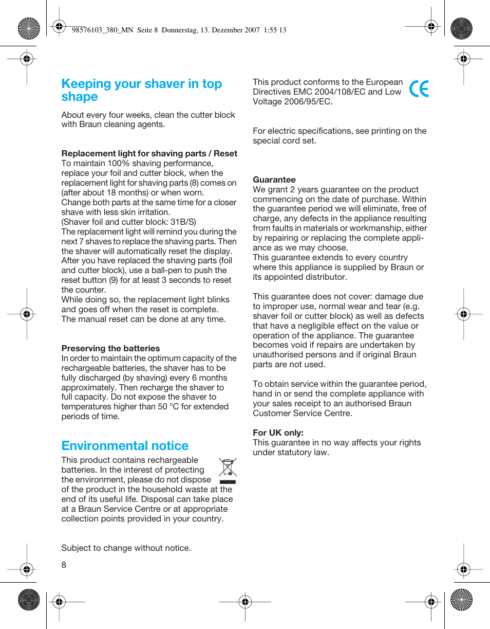 Keeping your shaver in top shape, Environmental notice | Braun 380-5736 Series 3 User Manual | Page 8 / 41