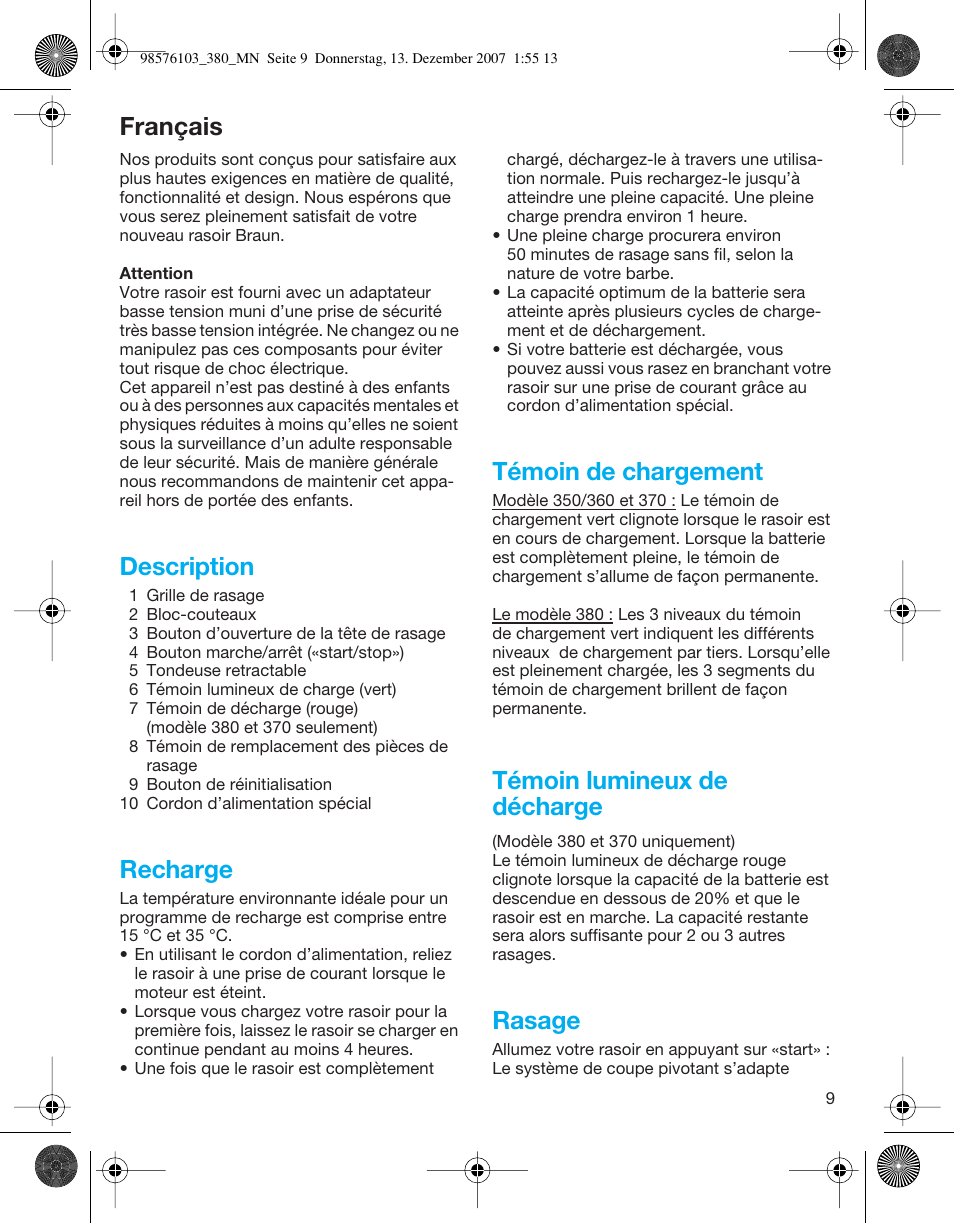 Français, Description, Recharge | Témoin de chargement, Témoin lumineux de décharge, Rasage | Braun 380-5736 Series 3 User Manual | Page 9 / 41