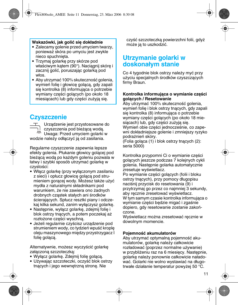 Czyszczenie, Utrzymanie golarki w doskona∏ym stanie | Braun 5877 Contour Series User Manual | Page 11 / 40