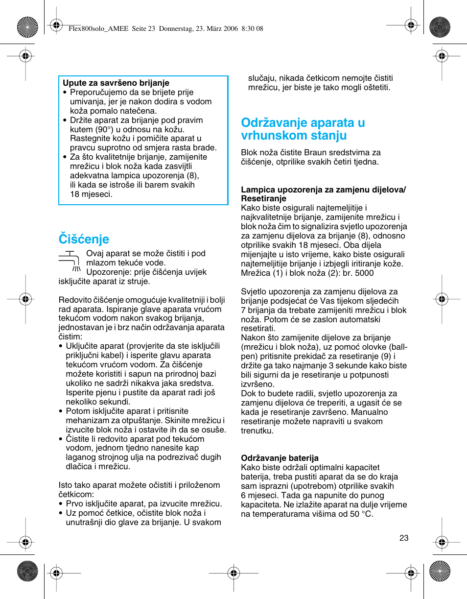 Âi‰çenje, Odrïavanje aparata u vrhunskom stanju | Braun 5877 Contour Series User Manual | Page 23 / 40