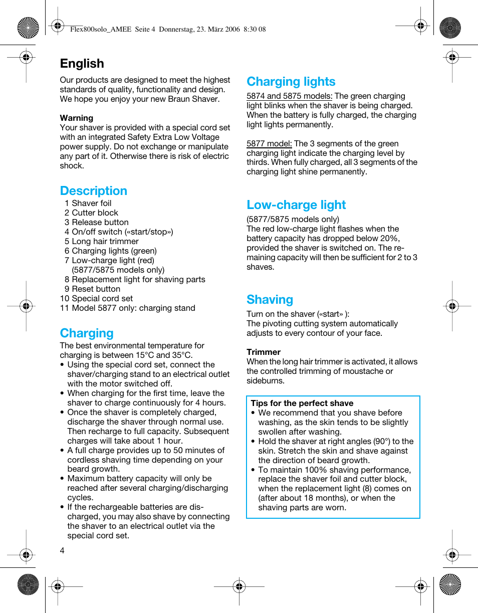 English, Description, Charging | Charging lights, Low-charge light, Shaving | Braun 5877 Contour Series User Manual | Page 4 / 40