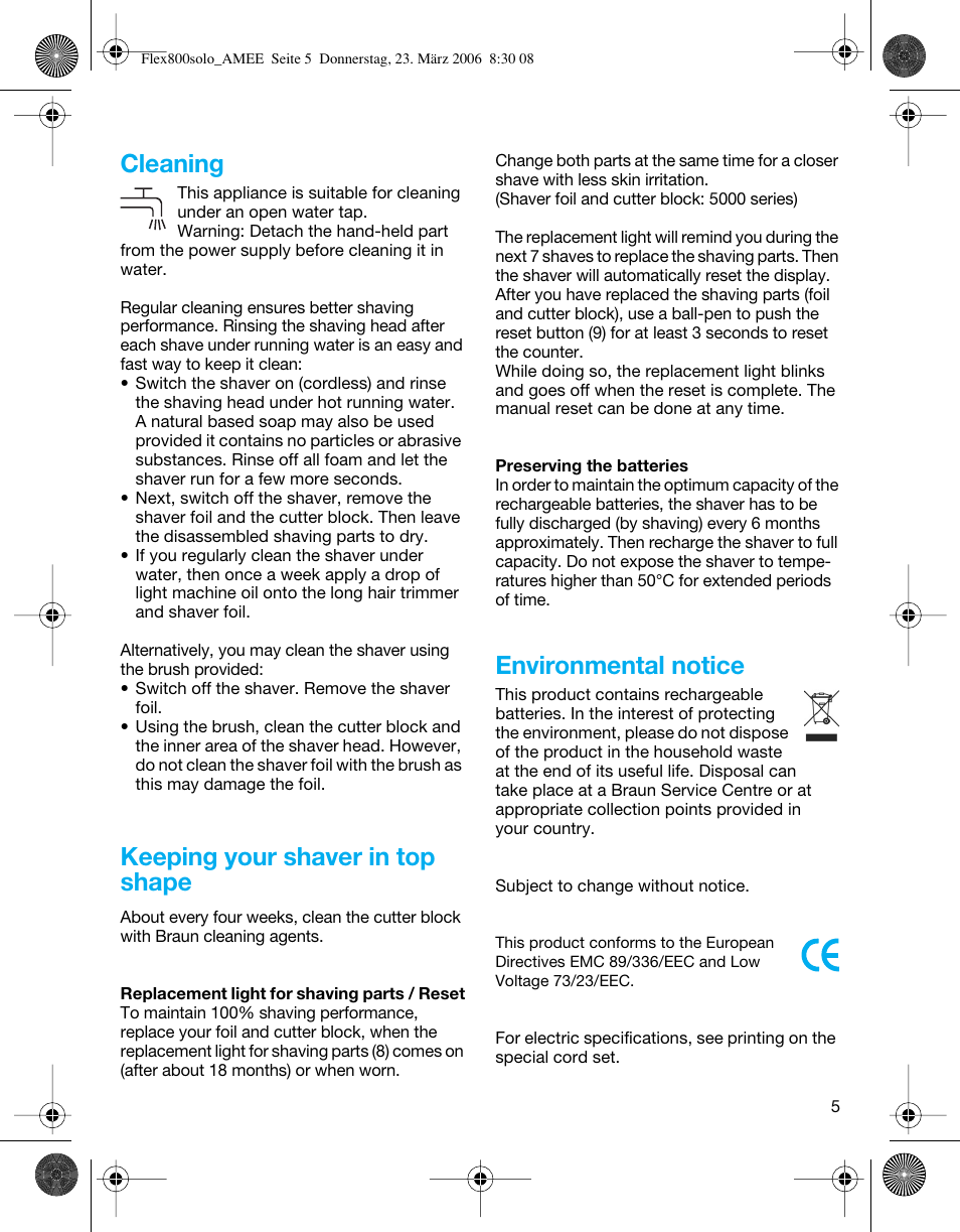 Cleaning, Keeping your shaver in top shape, Environmental notice | Braun 5877 Contour Series User Manual | Page 5 / 40