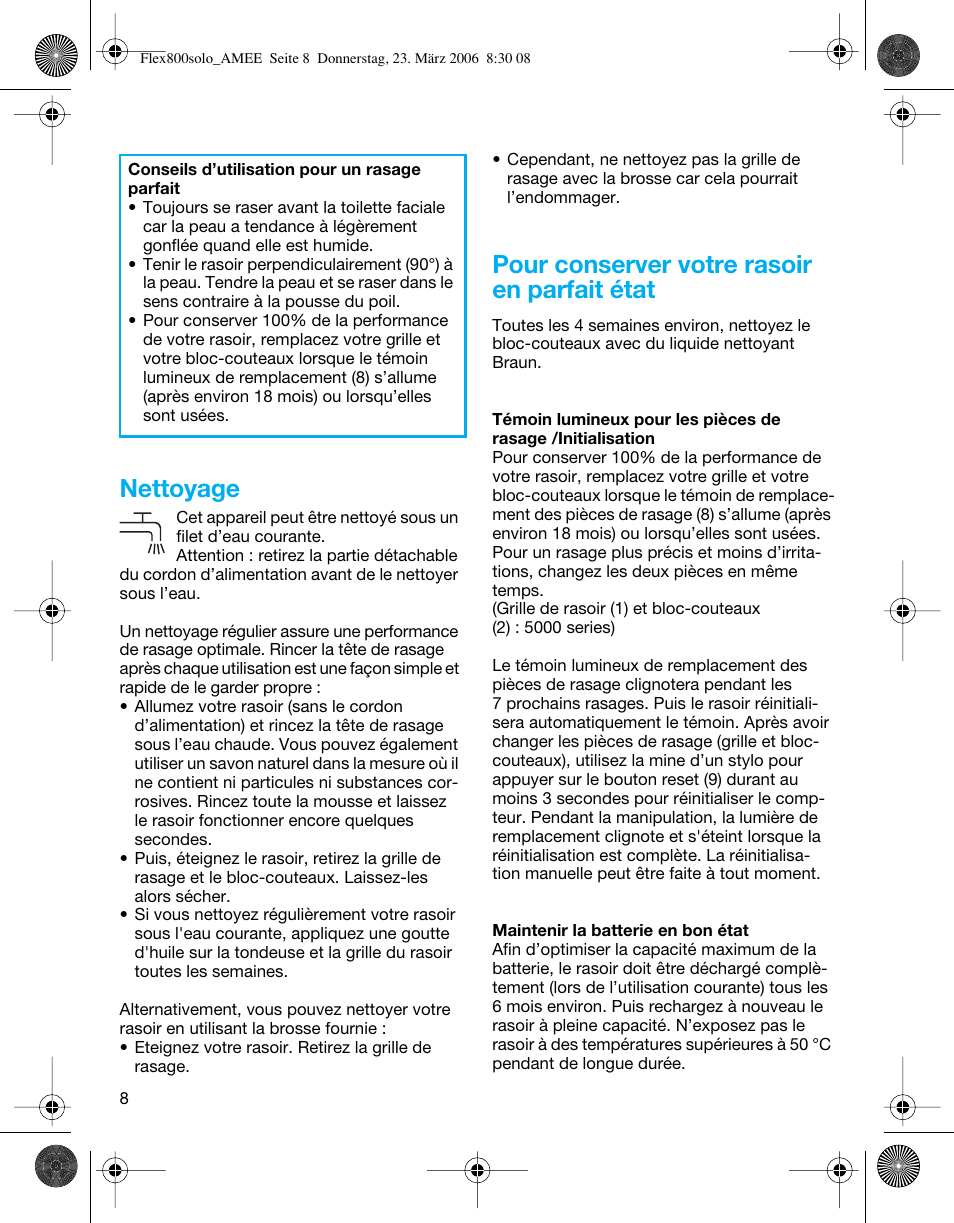 Nettoyage, Pour conserver votre rasoir en parfait état | Braun 5877 Contour Series User Manual | Page 8 / 40