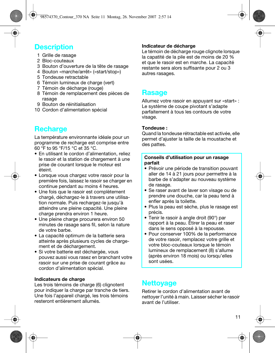 Description, Recharge, Rasage | Nettoyage | Braun 370 Series 3 User Manual | Page 11 / 18